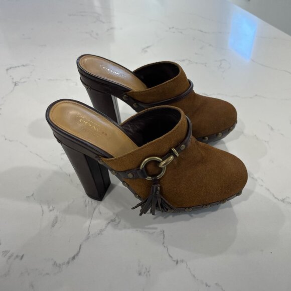 Coach Shoes - Coach Rana Mules Heels Brown Leather Suede Tassel Design Block Heel size 6B